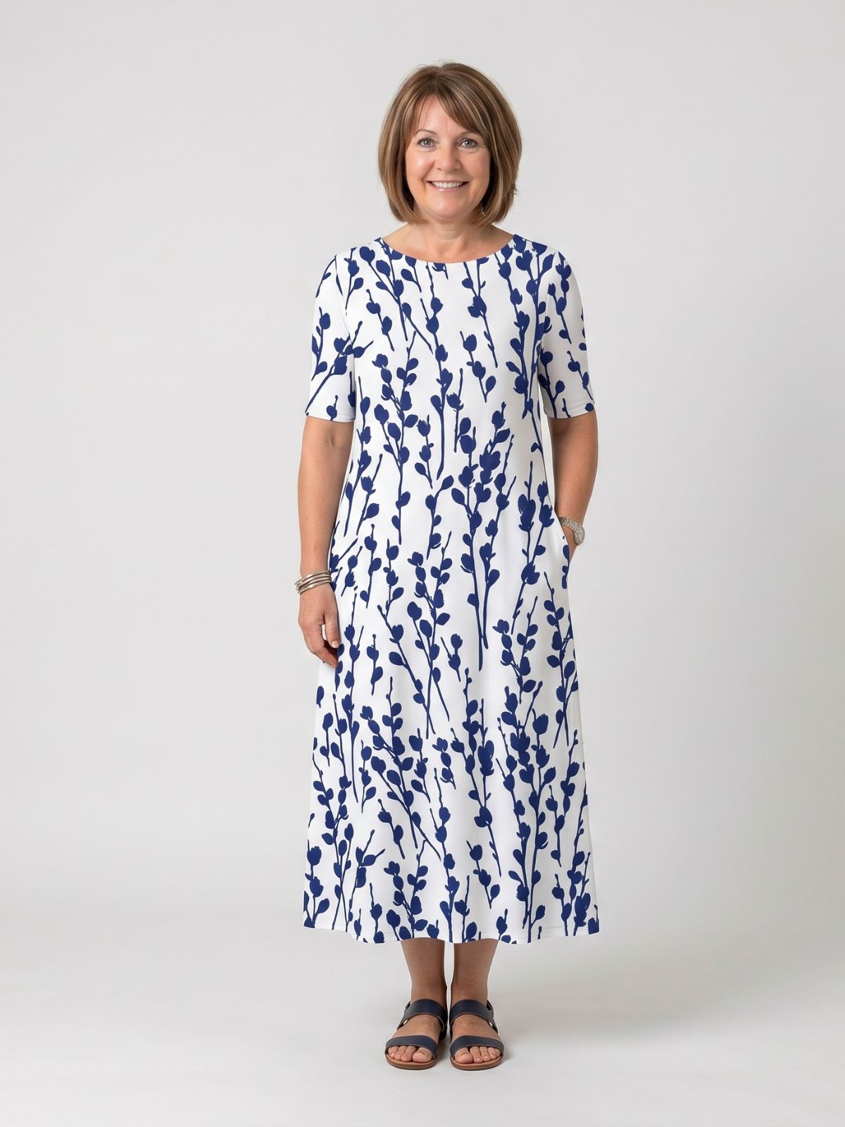 Olivia | Elegant Botanical Print Midi Dress