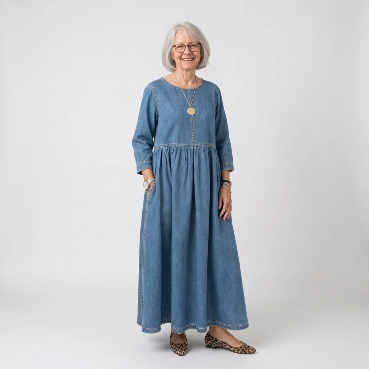 Hazel | Vintage Denim-Look Maxi Dress