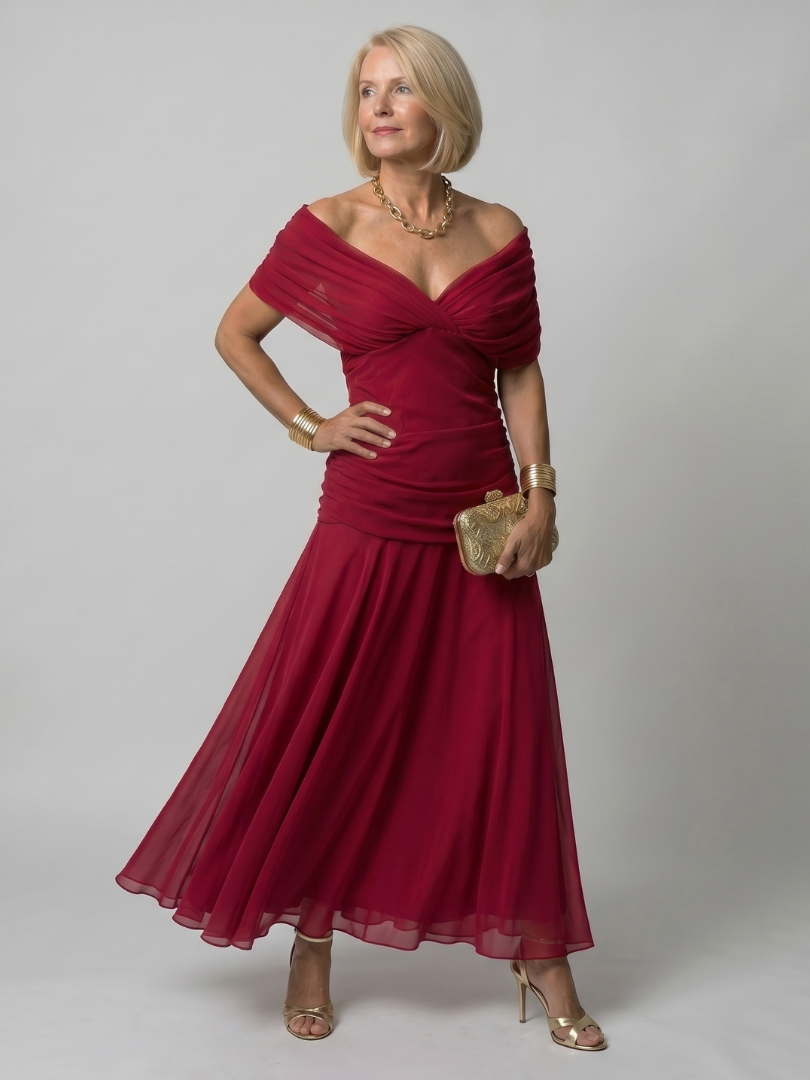 Calen | Elegant Bardot Off-the-Shoulder Midi Dress