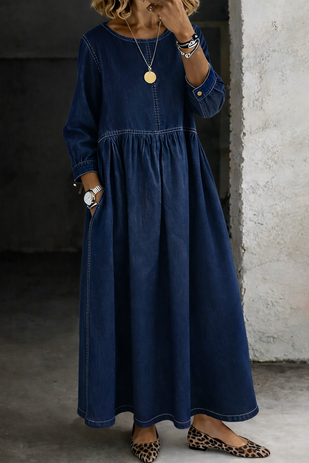 Hazel | Vintage Denim-Look Maxi Dress