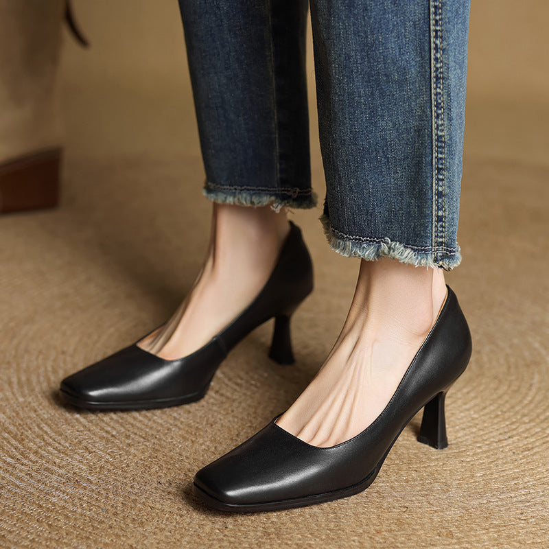 Elviera Square Leather Pumps