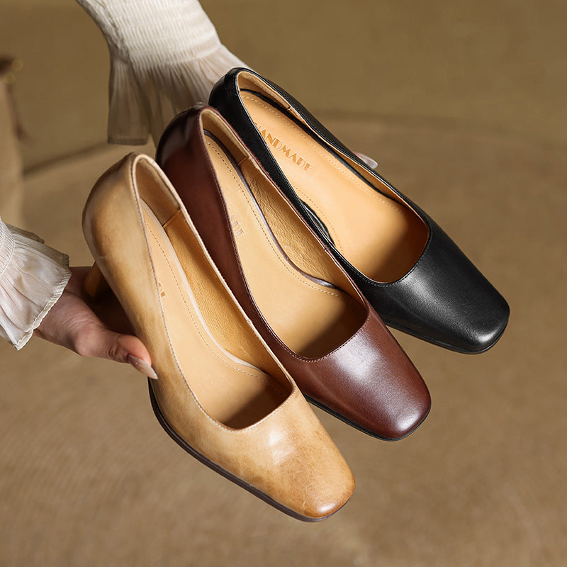 Elviera Square Leather Pumps