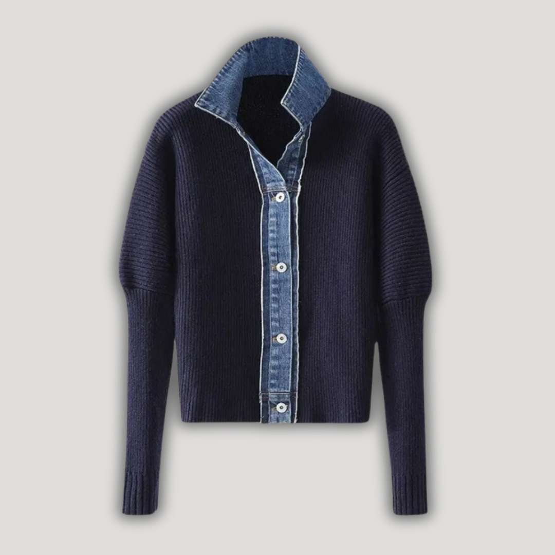 Erin | Navy Knit Cardigan with Denim Trim