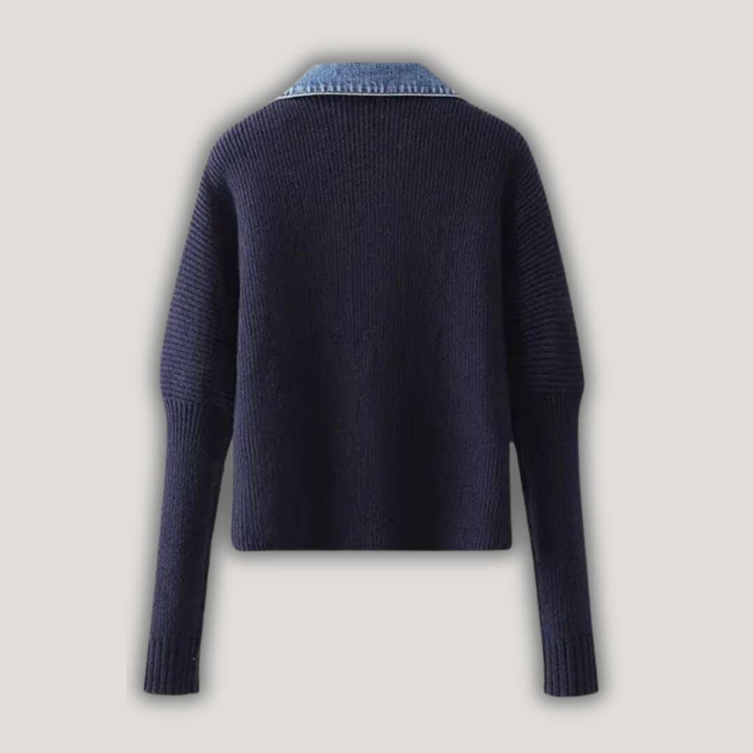 Erin | Navy Knit Cardigan with Denim Trim