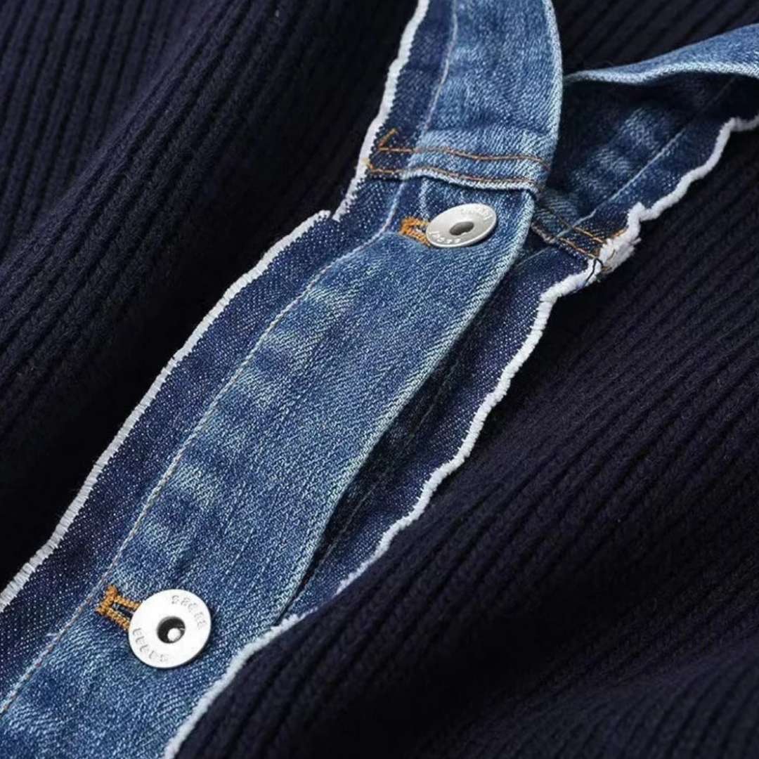 Erin | Navy Knit Cardigan with Denim Trim