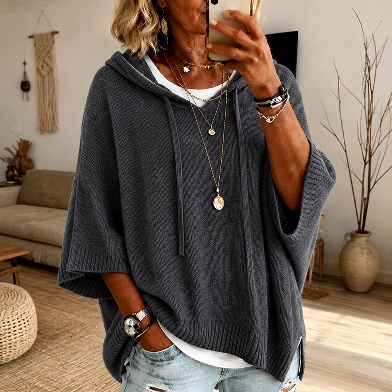 Camille | Poncho-Style Hooded Knit Jumper