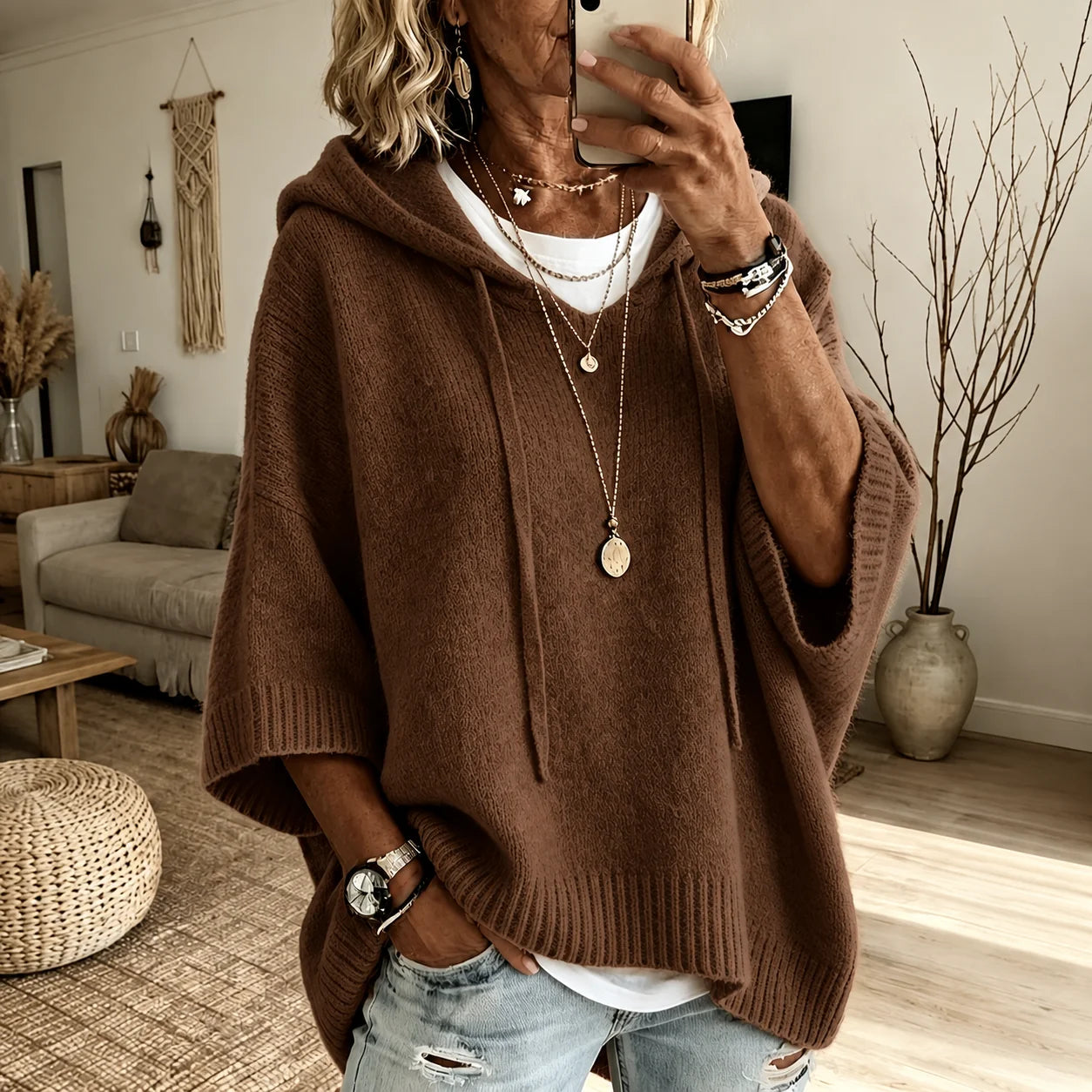 Camille | Poncho-Style Hooded Knit Jumper